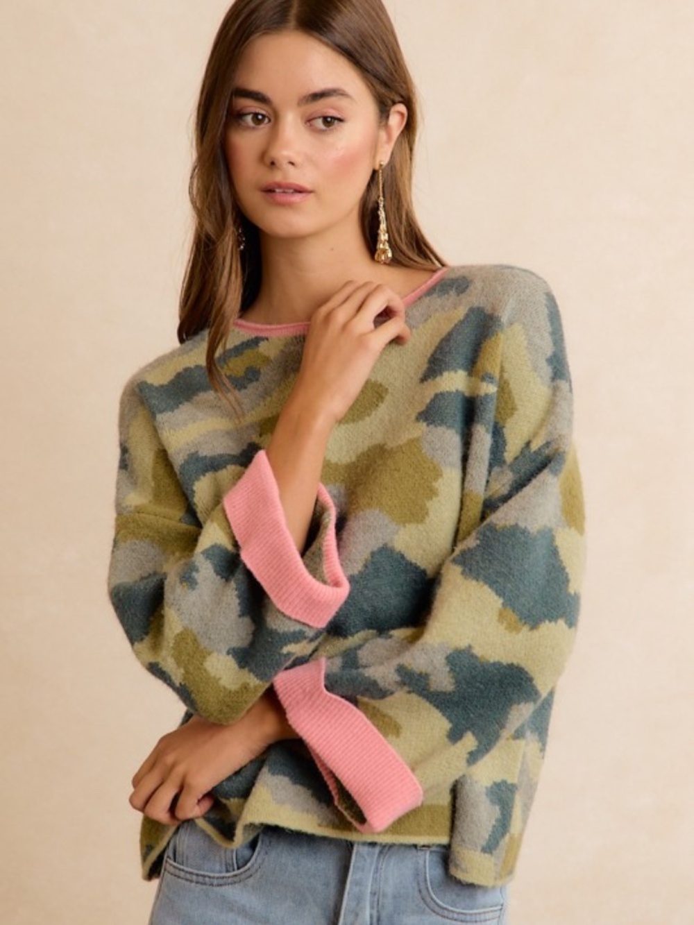BiBi Camo Pink Trim Sweater - Picture 2 of 7